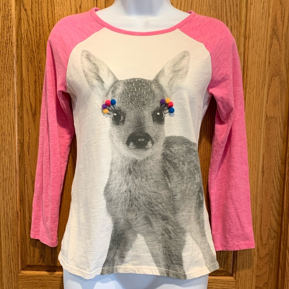 Cat & Jack Fawn With Pompoms Pink & White Girls 10/12 Long Sleeve Raglan Tee - Picture 2 of 8